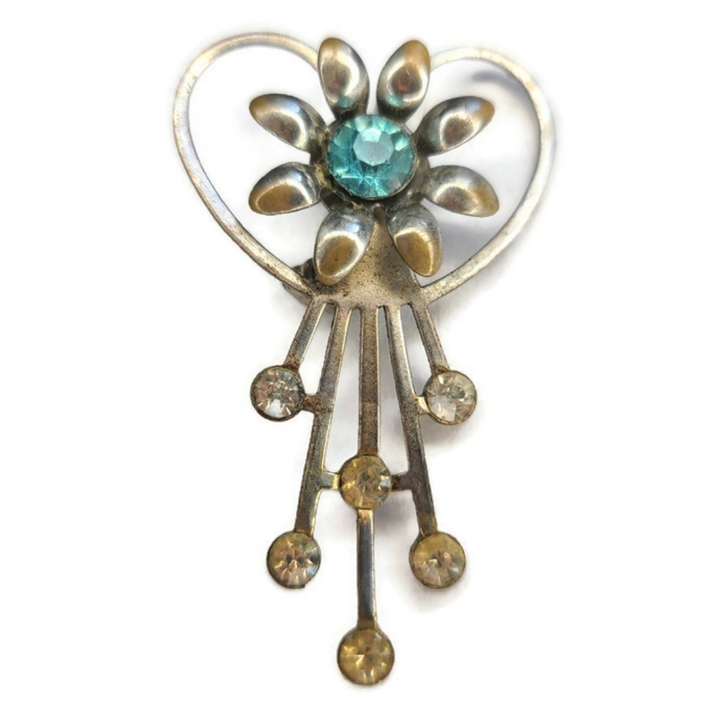 1940s Silver Rhinestone Accent Vintage Flower Pin